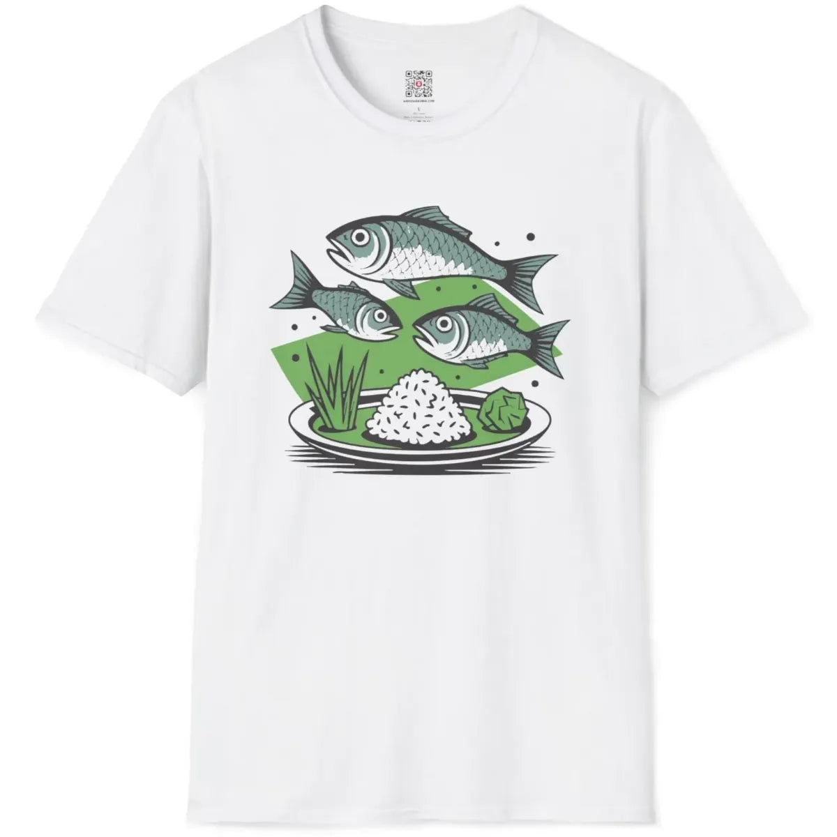 White flatlay t-shirt with floating fish, rice plate, and garnish, traditional sushi.