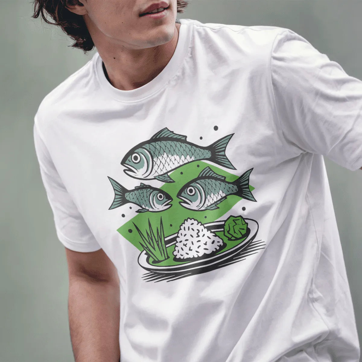 Male model in white t-shirt with floating fish and rice, sushi culture, japanese t-shirts.