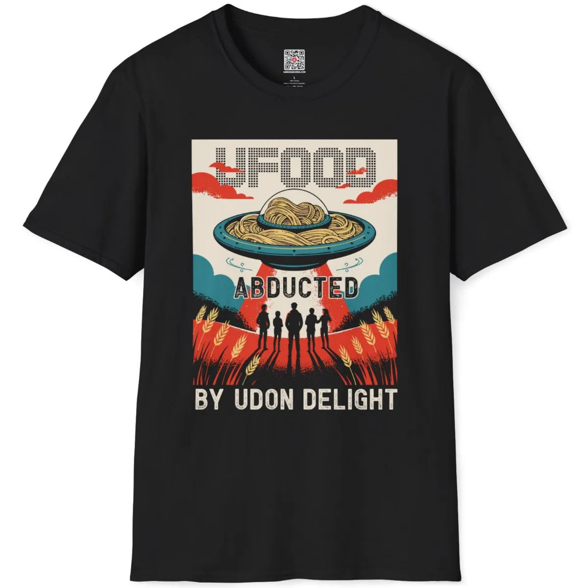 Black t-shirt flatlay shows colorful pixel art UFO, red beams, and “Abducted by Udon Delight” in bold font.