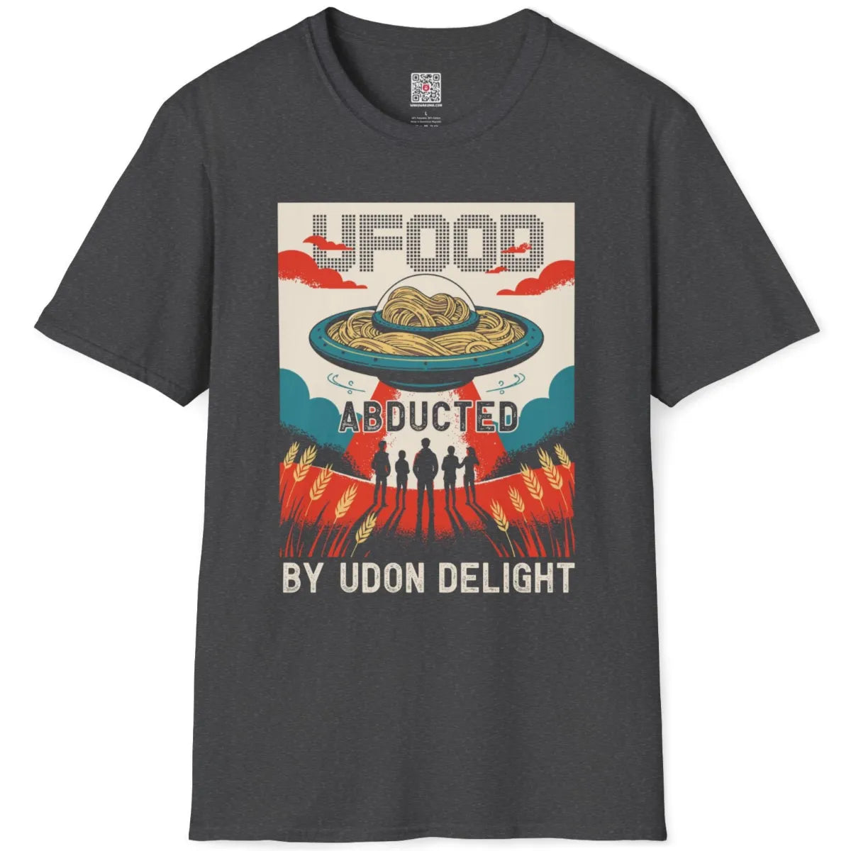 Dark heather t-shirt flatlay featuring imaginative UFO ramen scene, comic style figures, and bold pixel lettering.