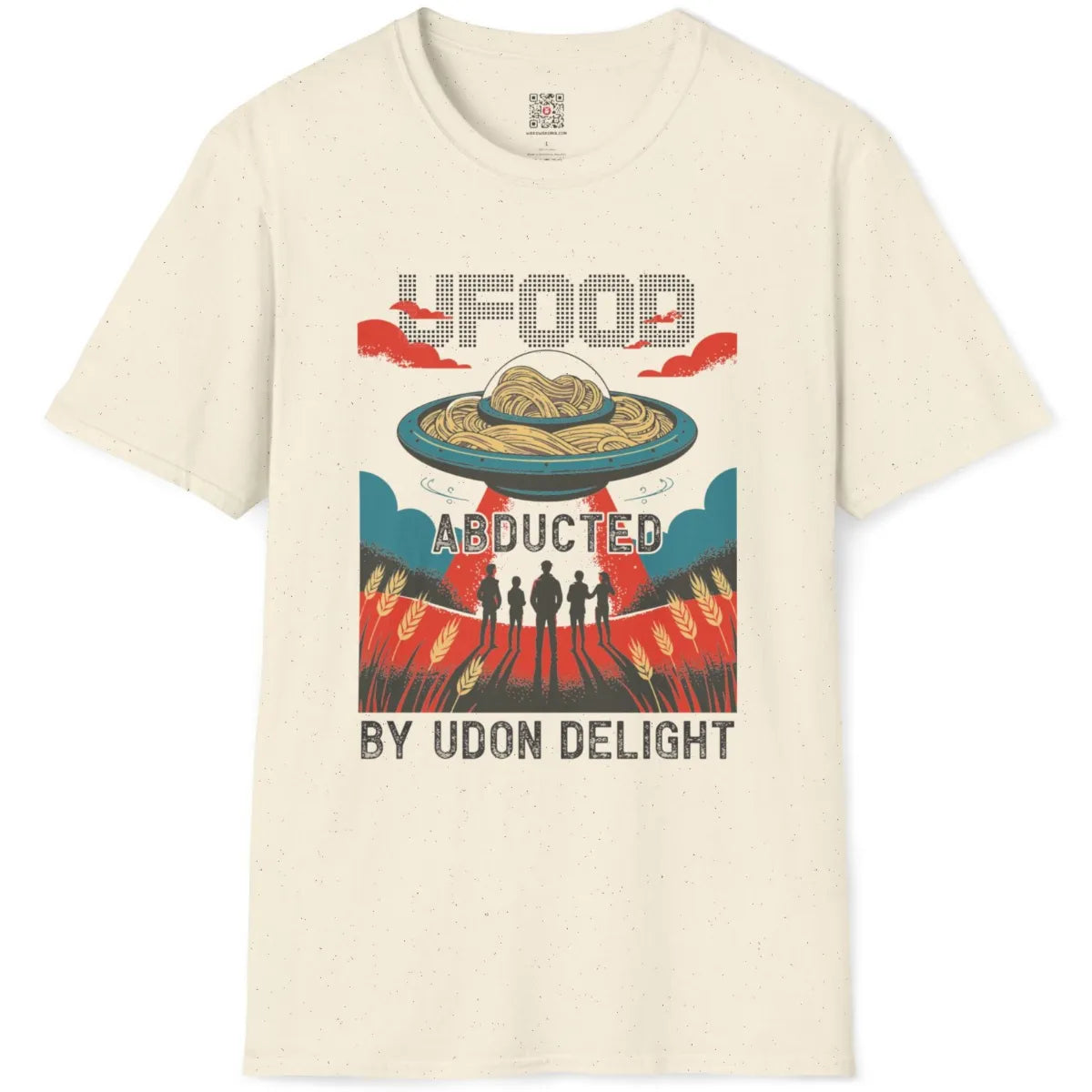 Natural t-shirt flatlay with graphic t-shirt design: UFO, golden udon, adventure theme, and vintage poster style.