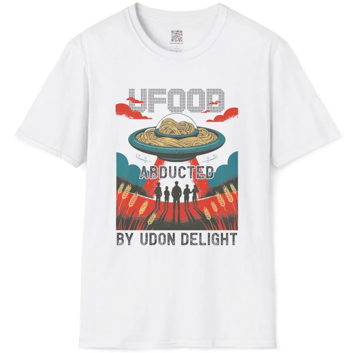 White t-shirt flatlay with vibrant sci-fi noodle UFO, stylized wheat, and playful retro-futurism design.