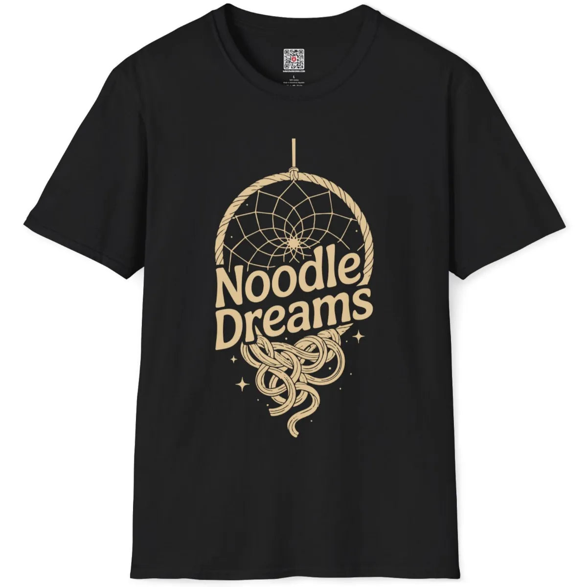 Black t-shirt flatlay displaying cozy dreamcatcher with Japanese ramen noodles replacing traditional feathers.