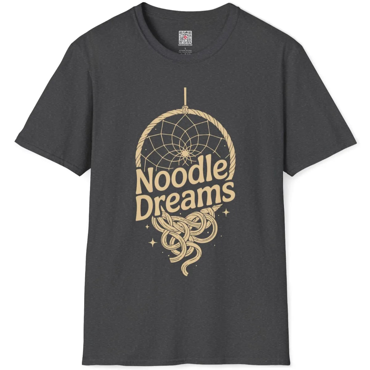 Dark heather t-shirt with nostalgic dreamcatcher design featuring twisted rope frame and organic ramen forms.