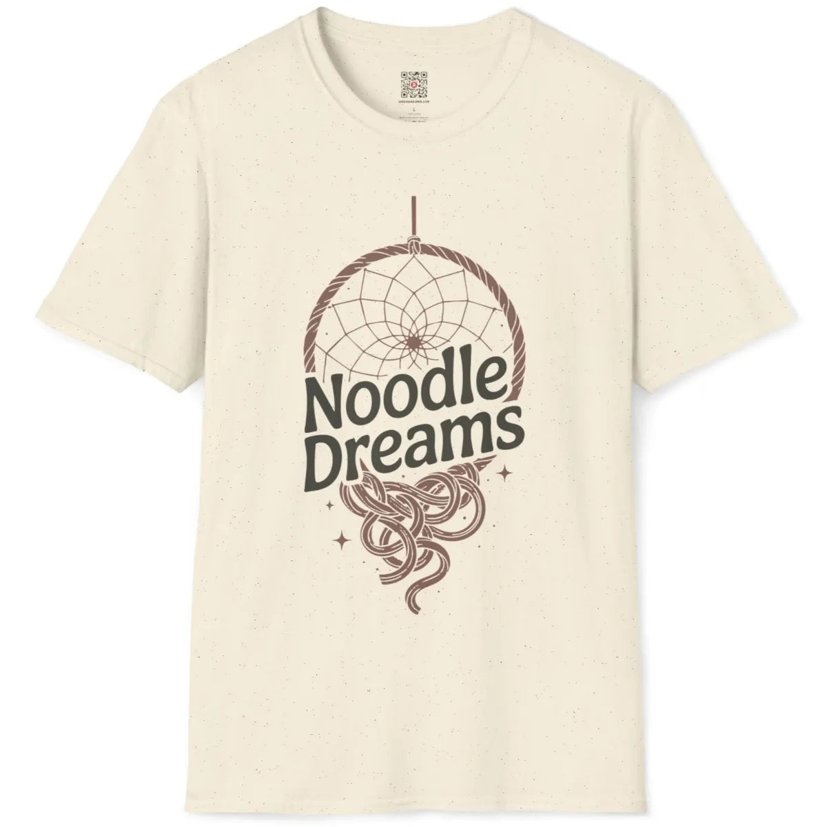 Natural t-shirt flatlay showcasing harmonious ramen dreamcatcher artwork with playful typography.