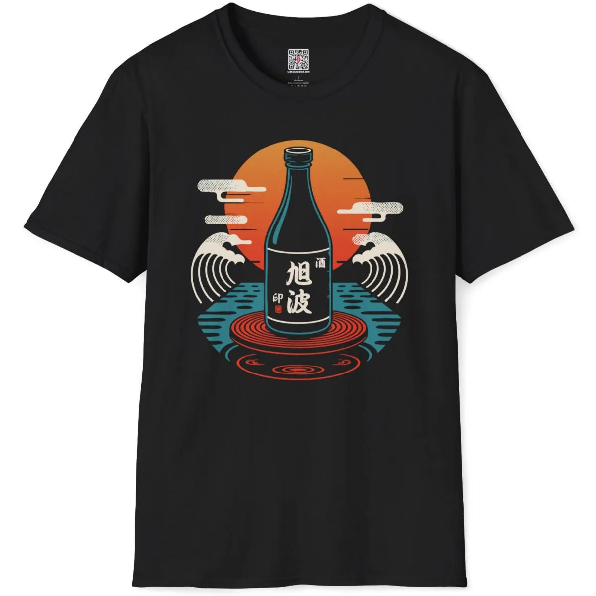 Black t-shirt flatlay with graphic sake bottle, concentric rings, and Japanese woodblock inspired waves.