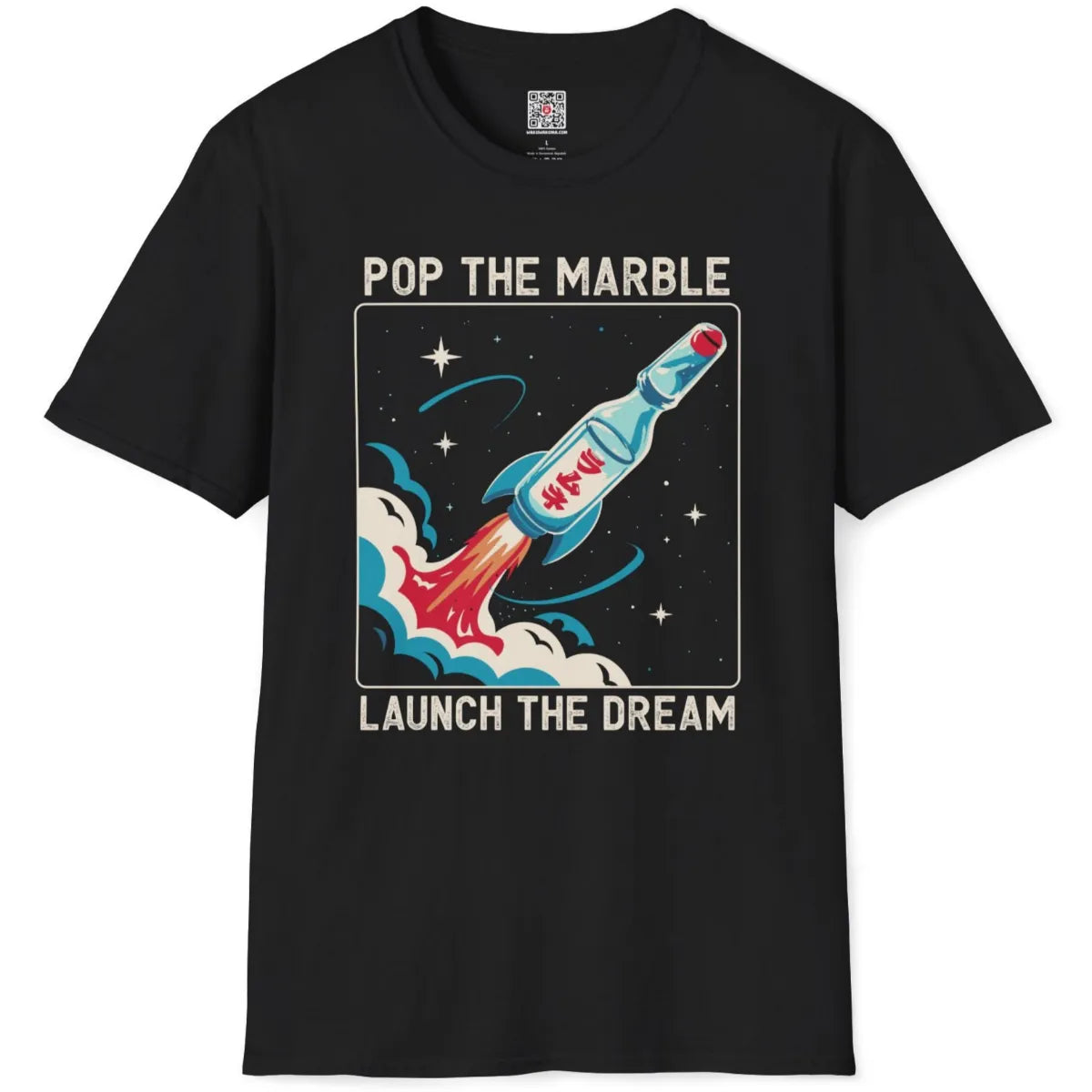 Black t-shirt flatlay displaying sci-fi Ramune rocket with red marble cap and dynamic space background.