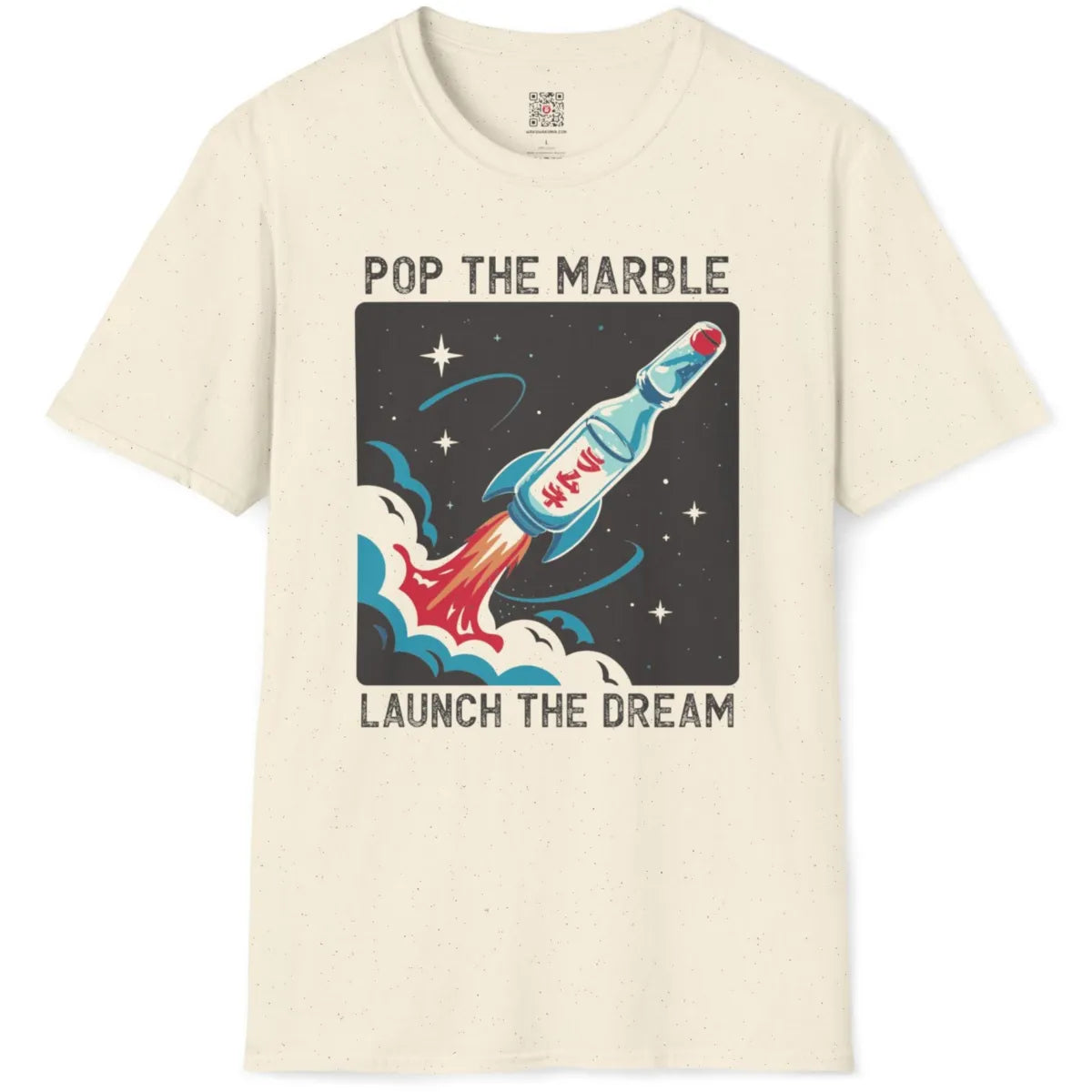 Natural t-shirt flatlay showing playful Codd-neck bottle rocket with distressed lettering and comic style details.