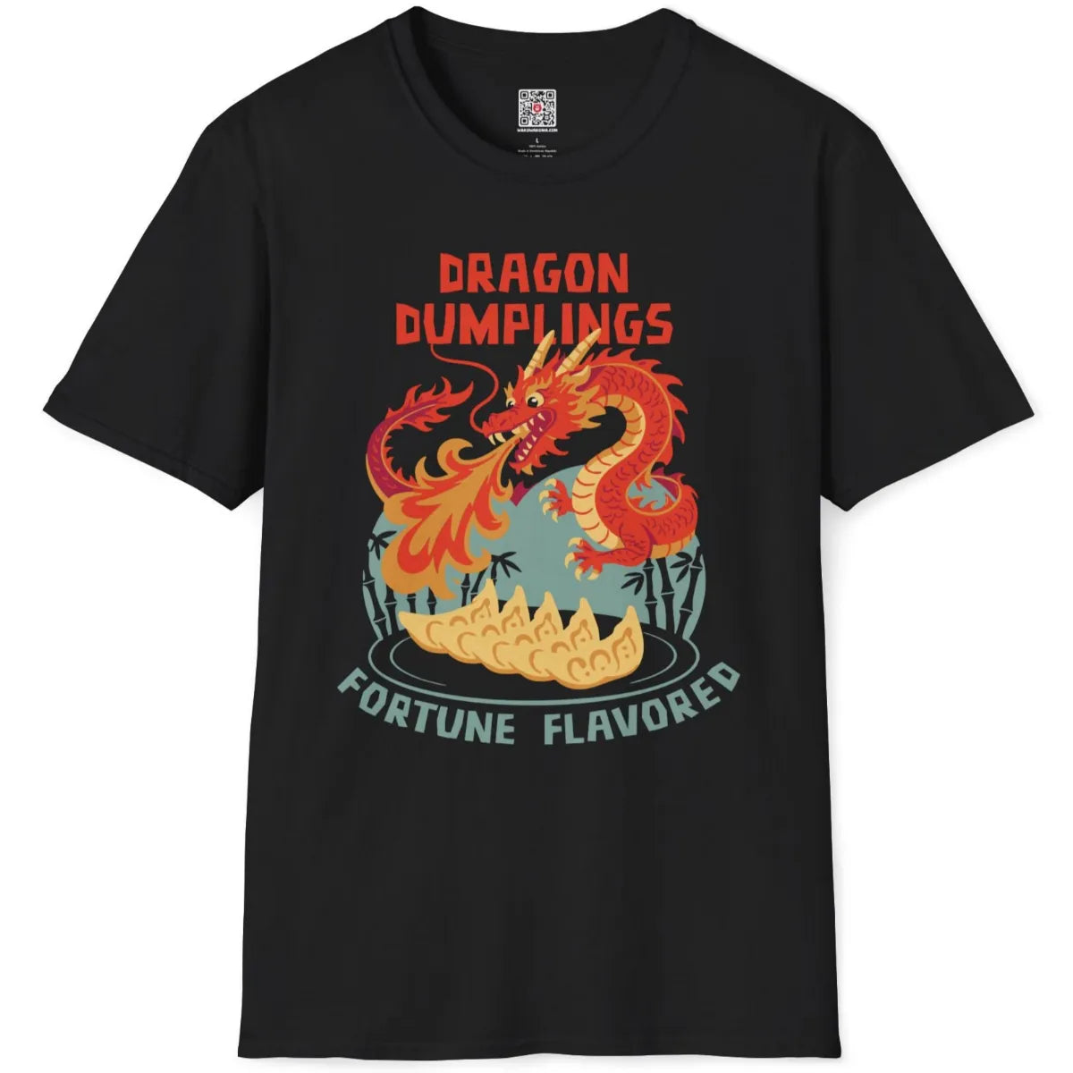 Black t-shirt flatlay with textured dragon t shirt design, dumpling platter, and distressed poster font.