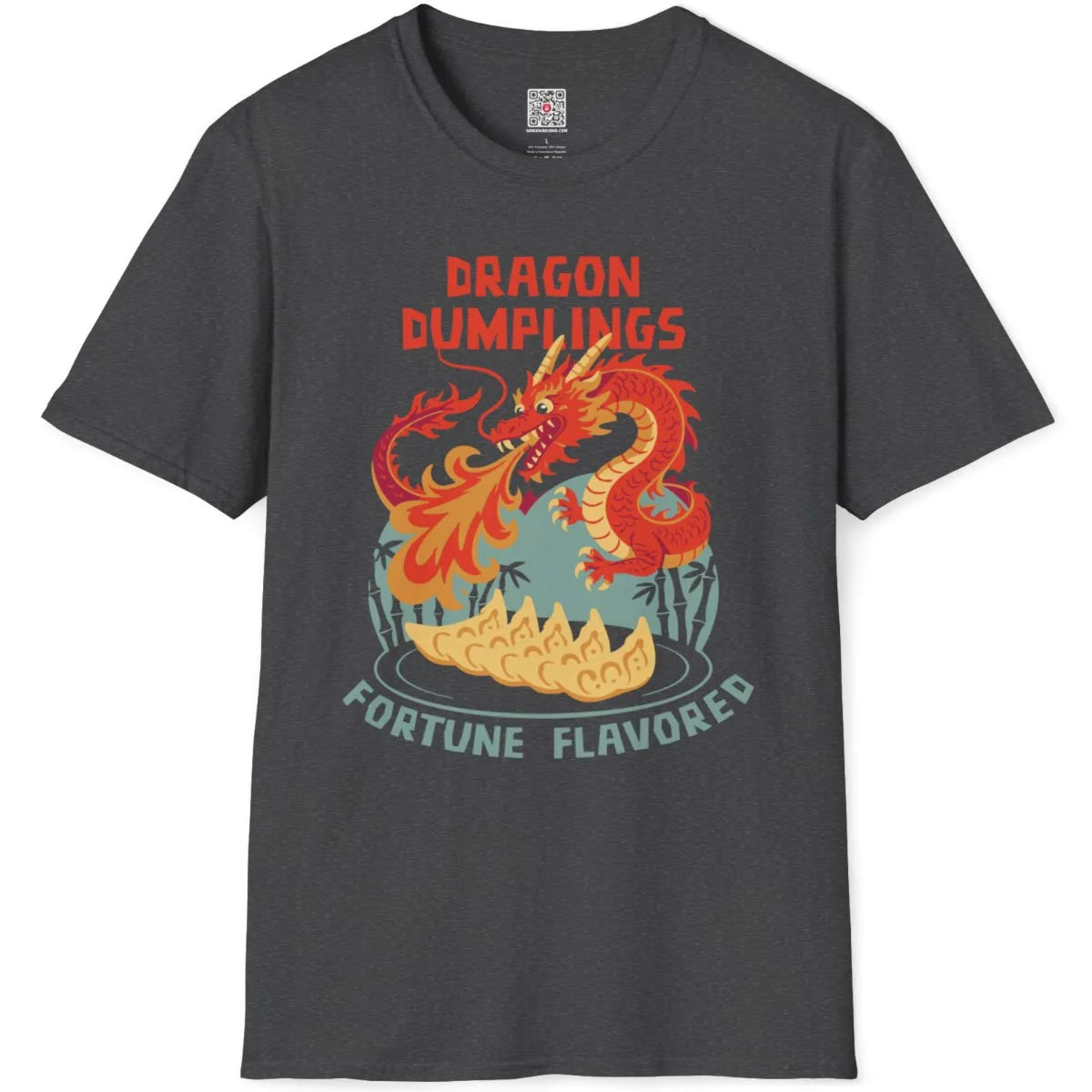Dark heather t-shirt flatlay featuring retro-futurism dragon, golden dumplings, and cultural symbolism.