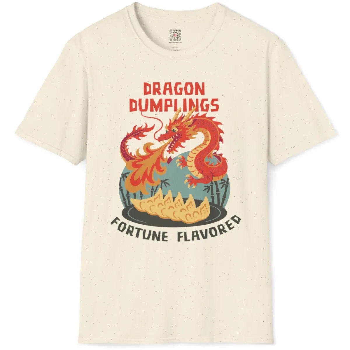 Natural t-shirt flatlay with vibrant dragon art, detailed gyoza, and bamboo background in comic style.