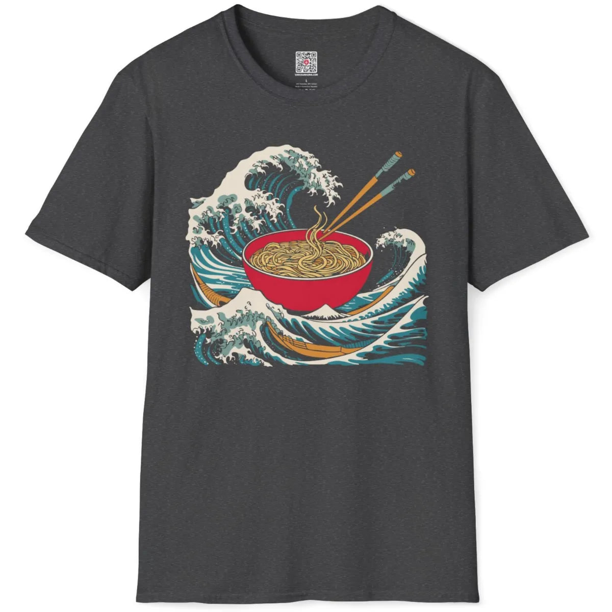 Dark heather t-shirt flatlay featuring modernist ramen art, dramatic ocean waves, and textured line art.