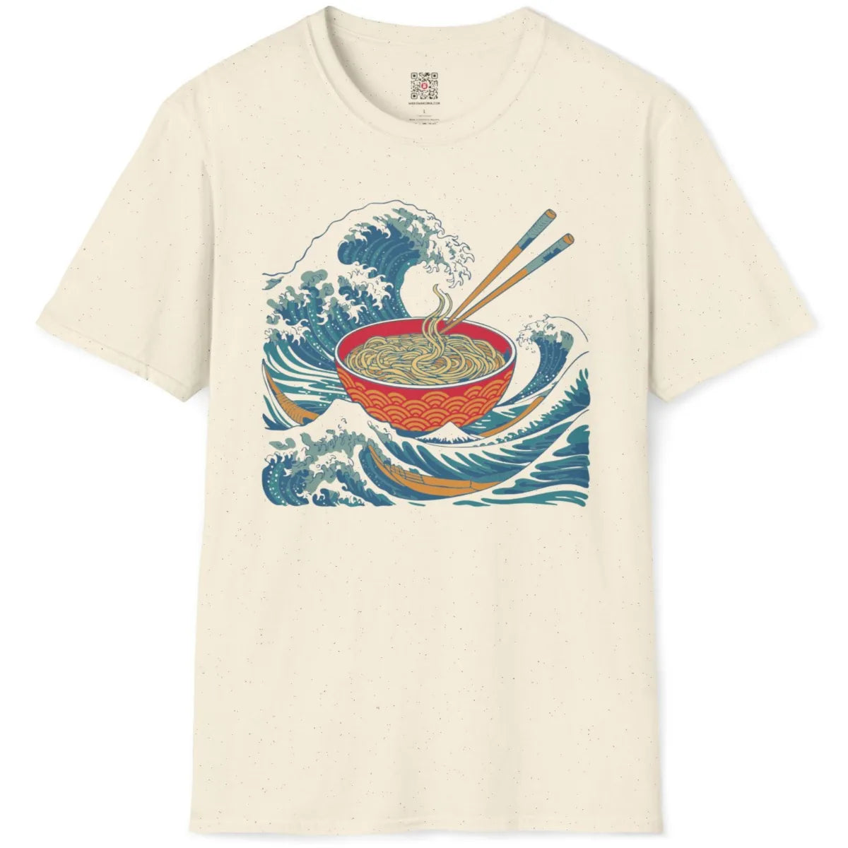 Natural t-shirt flatlay with vintage Japanese ramen bowl, stylized waves, and wooden boats for cultural symbolism.