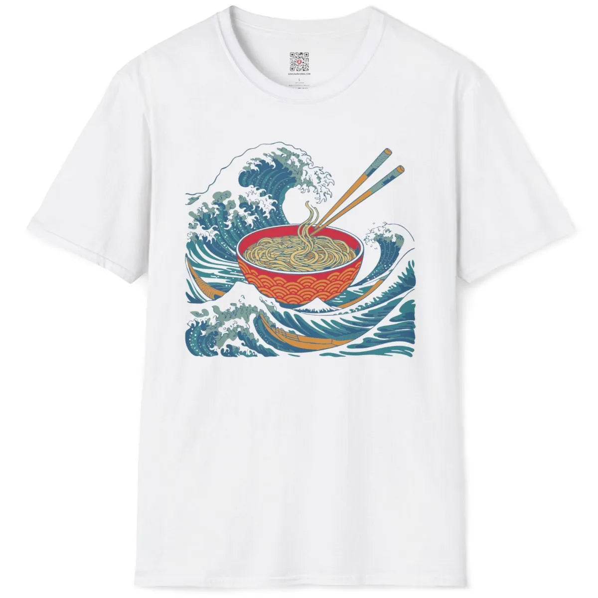 White t-shirt flatlay displaying energetic ramen bowl, classic wave patterns, and playful chopsticks detail.