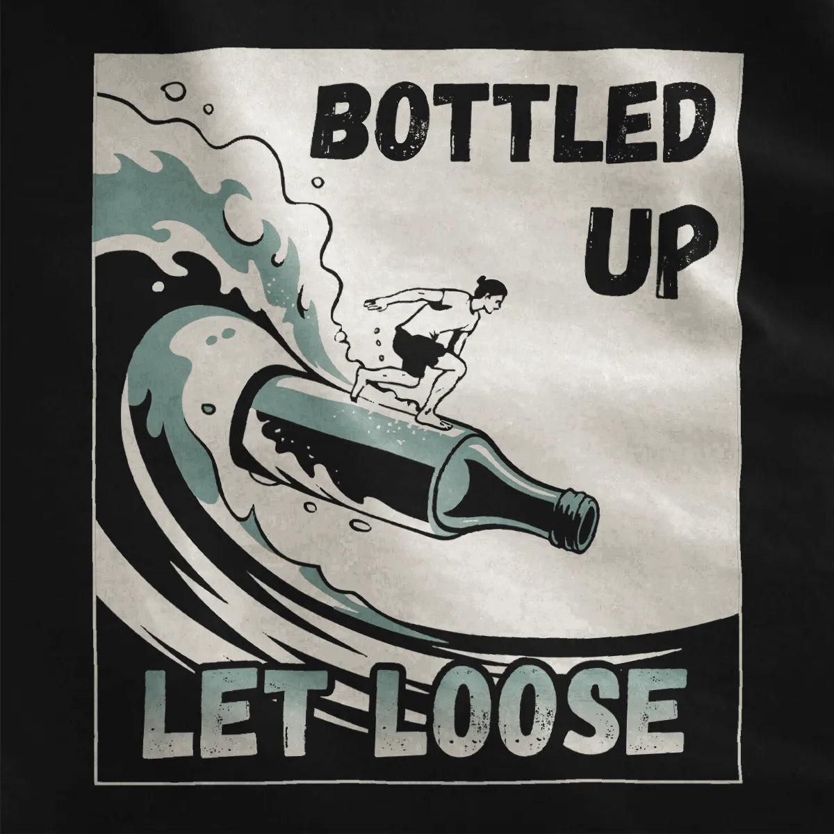 Black fabric close-up showing dynamic bottle surfboard, seafoam waves, and retro surf culture lettering.