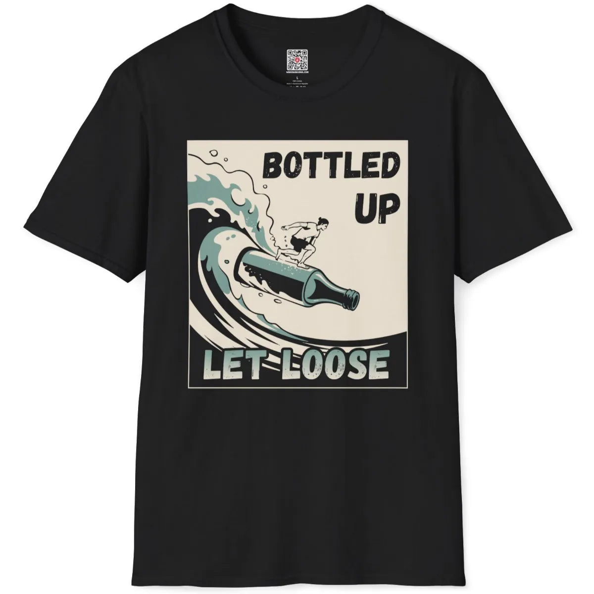 Black t-shirt flatlay featuring graphic bottle surfboard, sweeping ocean wave, and vintage distressed text.