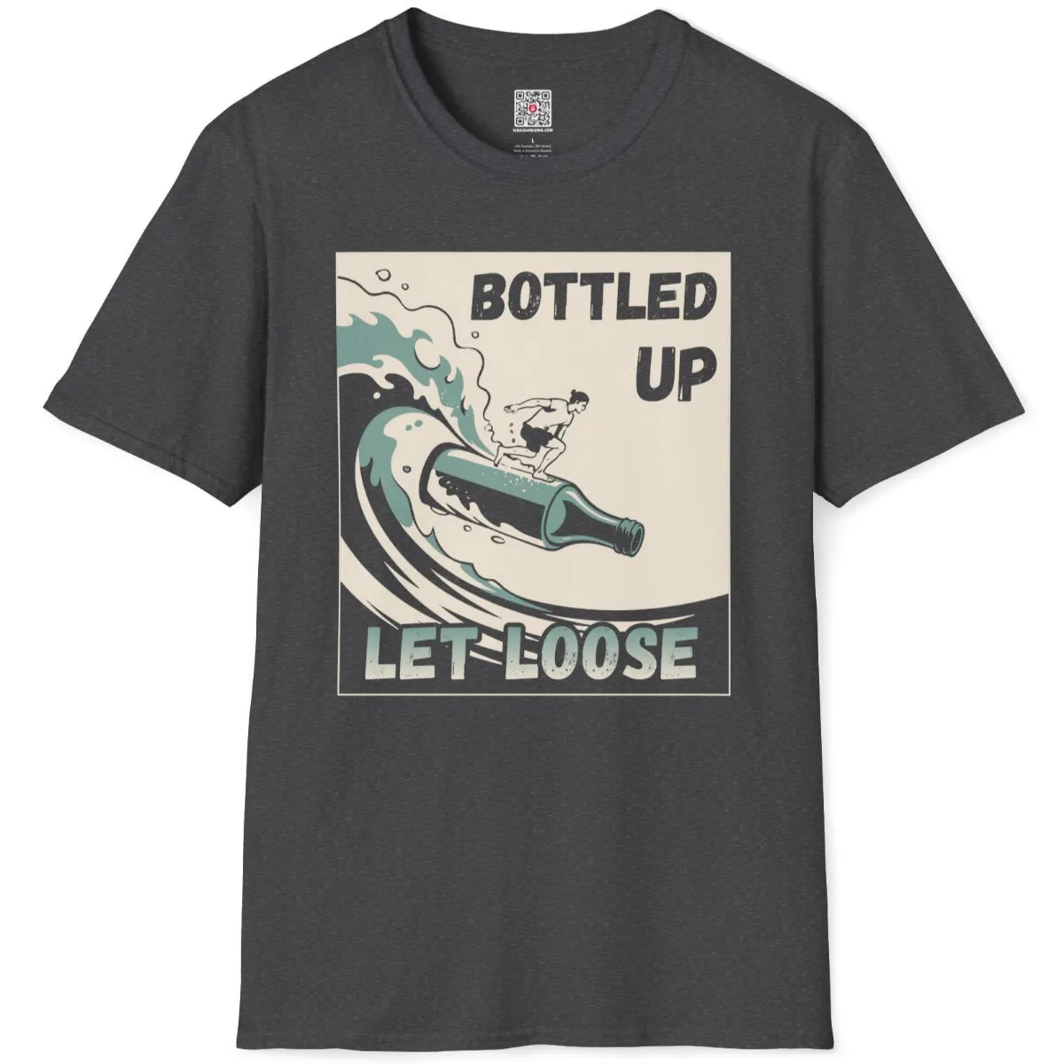 Dark heather t-shirt flatlay showing energetic surfboard bottle, stylized waves, and retro revival design.