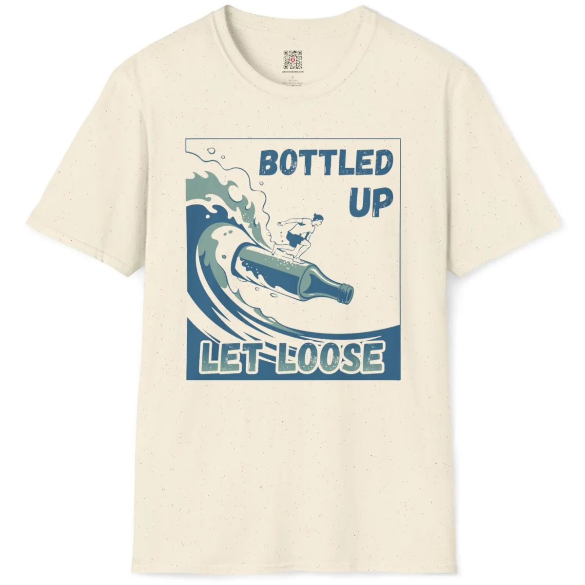 Natural t-shirt flatlay featuring playful surf culture art, bottle surfboard, and weathered beach sign font.
