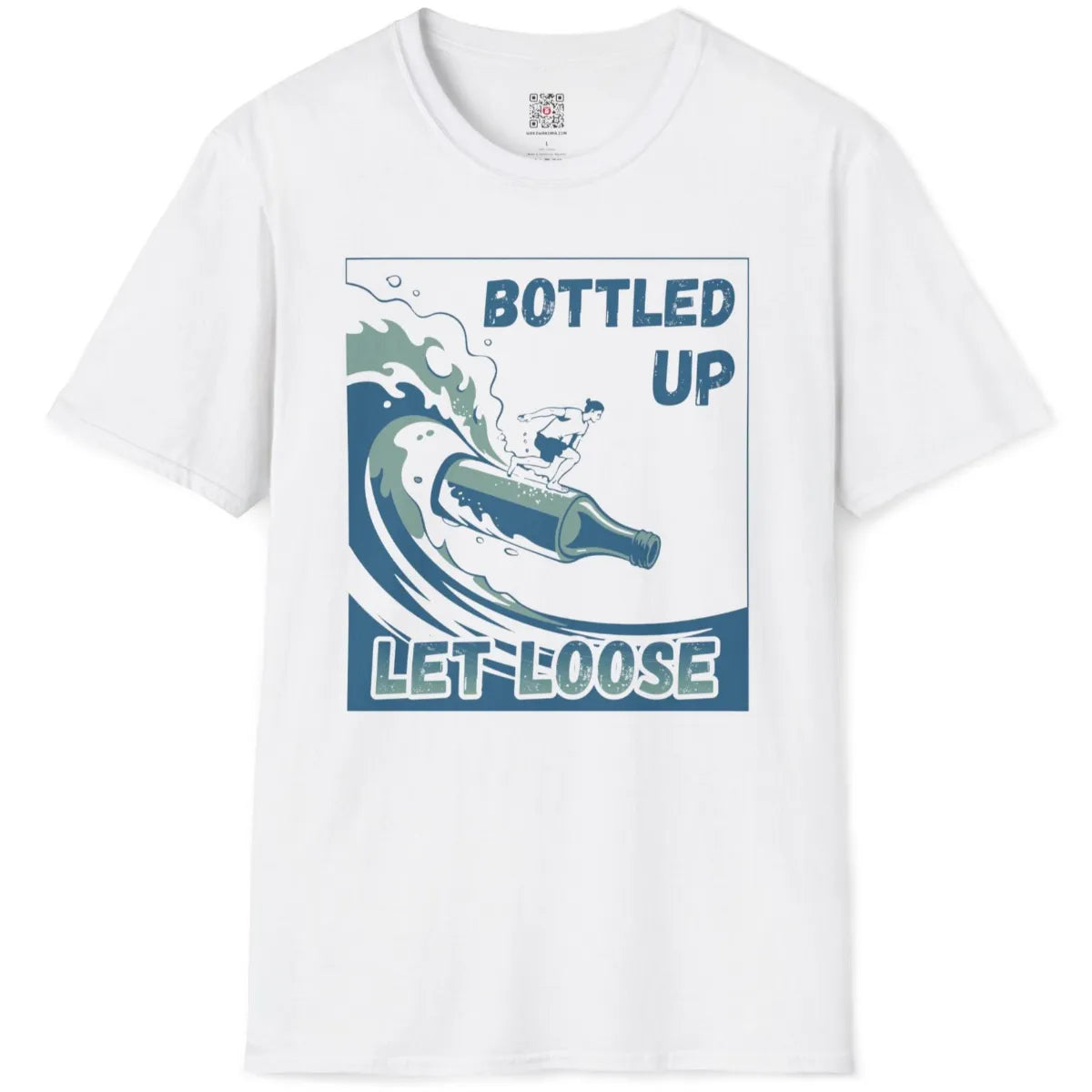 White t-shirt flatlay with cool blue surf scene, bottle as surfboard, and bold summer liberation theme.