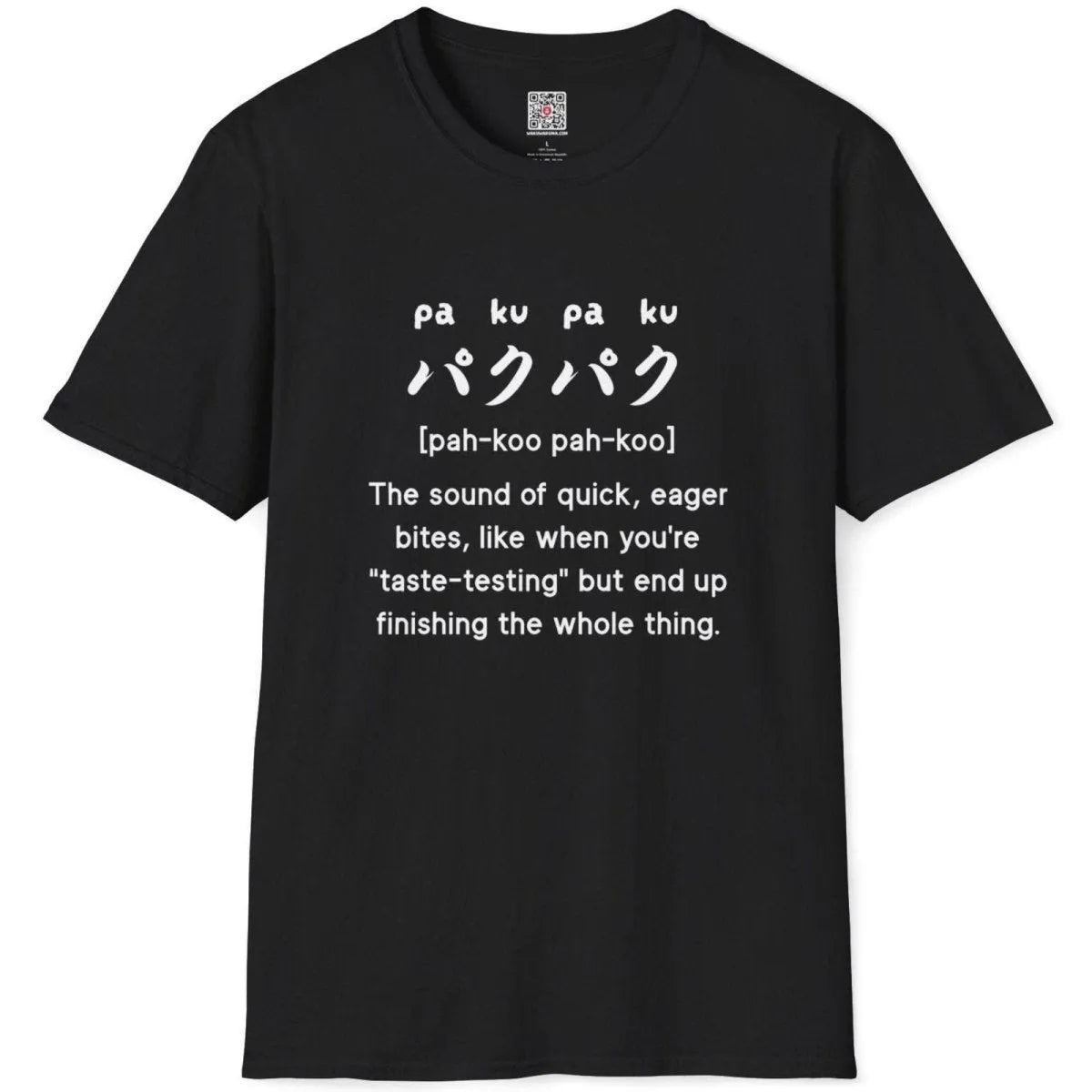 Black t-shirt flatlay with "paku-paku" Japanese and English text, shirts streetwear, japanese shirts.