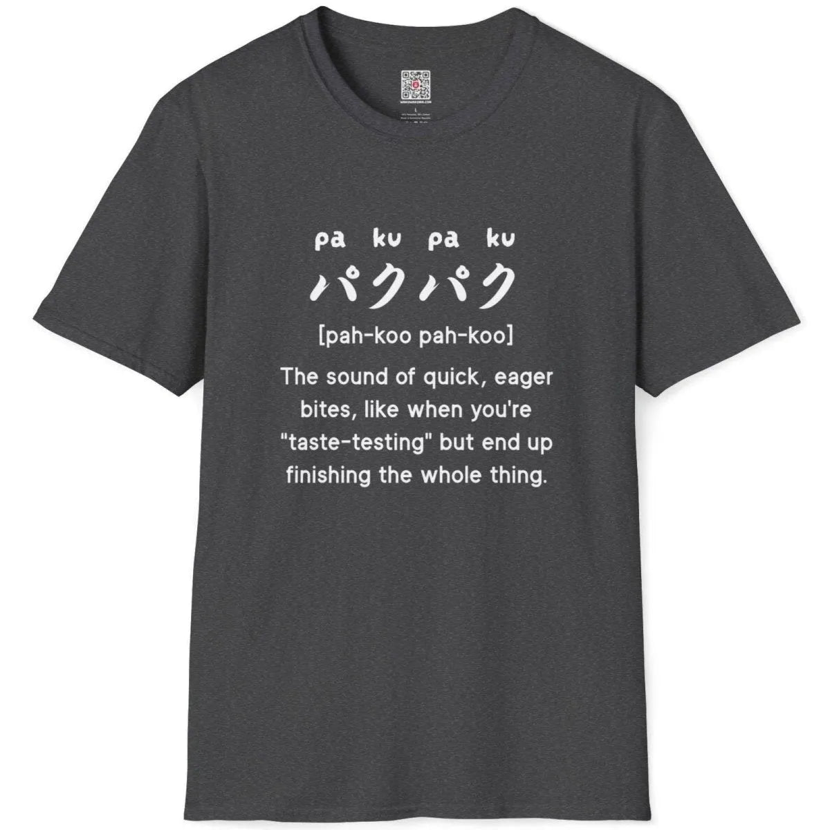 Dark heather t-shirt flatlay with "paku-paku" Japanese and English text, softstyle t-shirt, japanese text shirt.