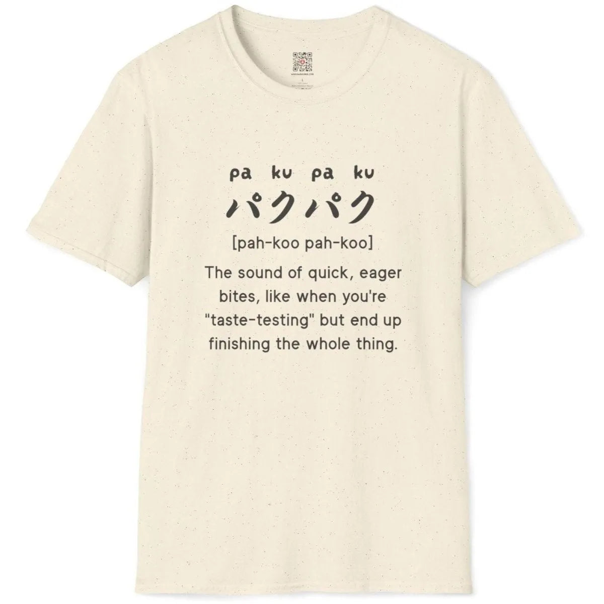 Natural t-shirt flatlay with "paku-paku" Japanese and English text, unisex t shirt size, japan tee shirts.