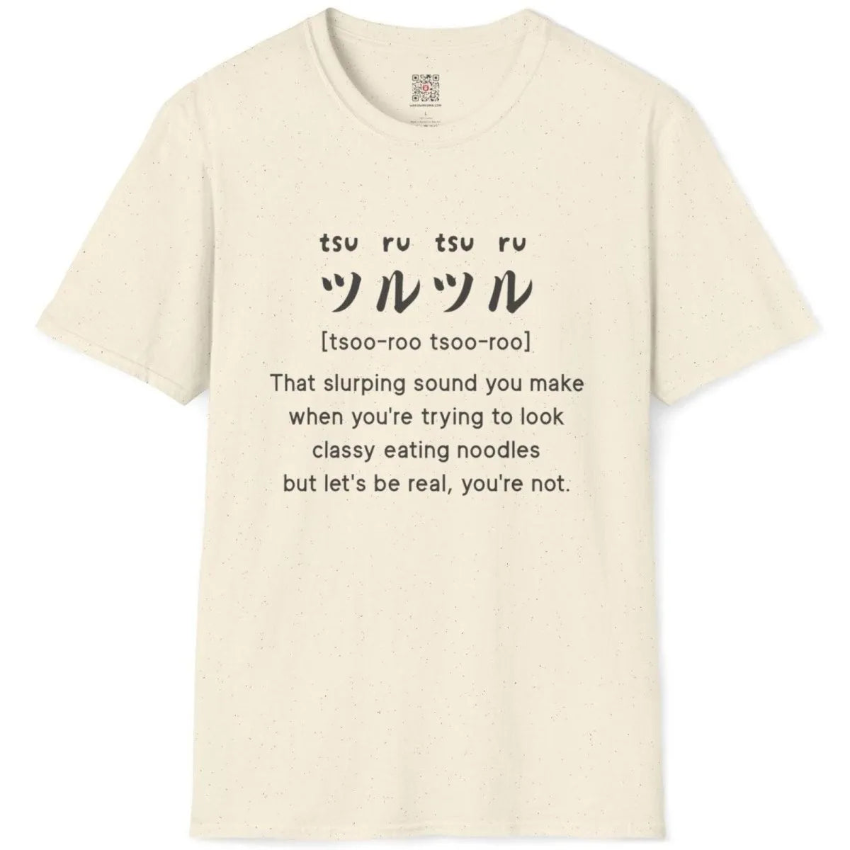 Natural flatlay tee with "tsuru-tsuru" Japanese and English text, softstyle t-shirt, foodie style.