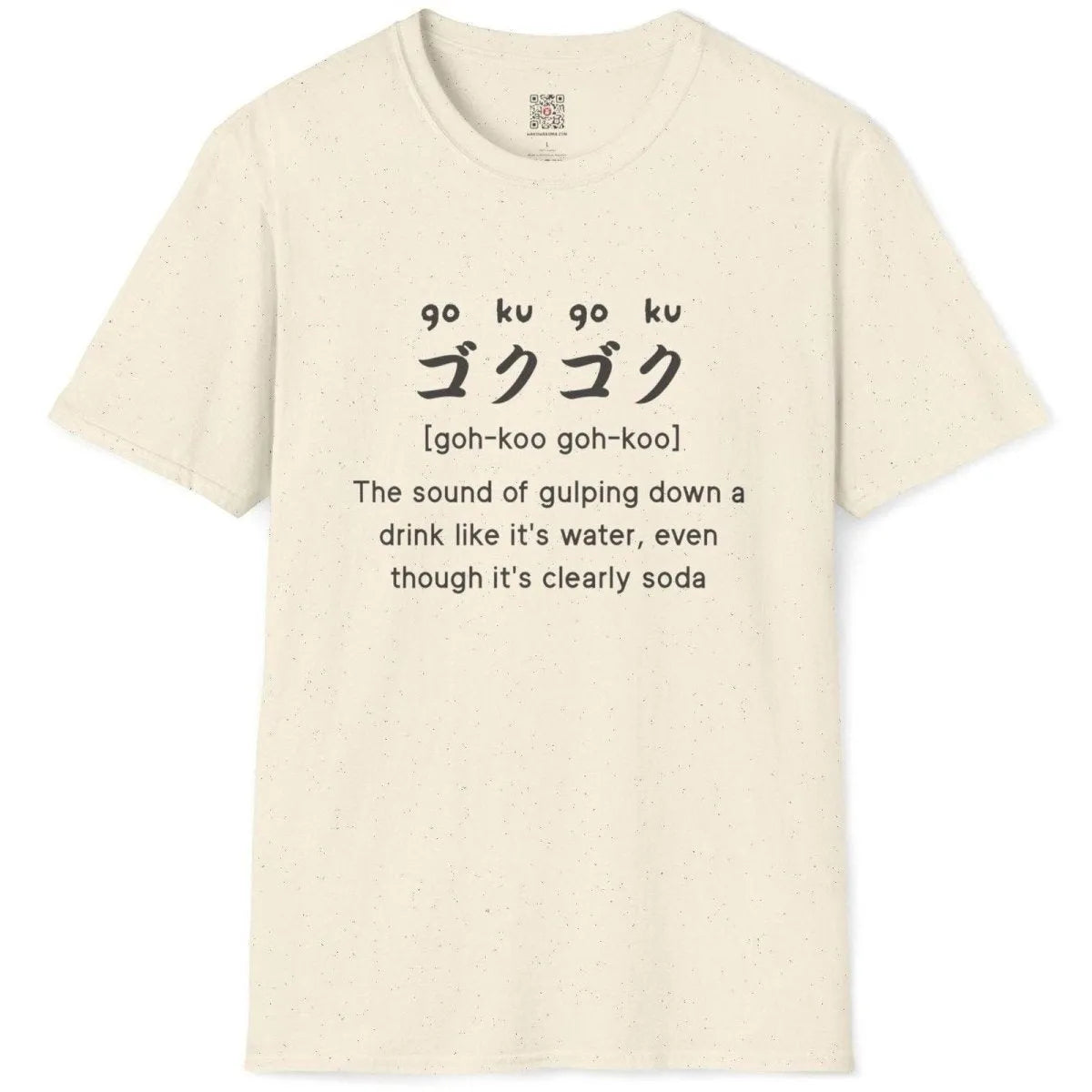 Natural shirt flatlay, "goku-goku" Japanese text and witty soda caption, japanese shirts, junk food shirt.