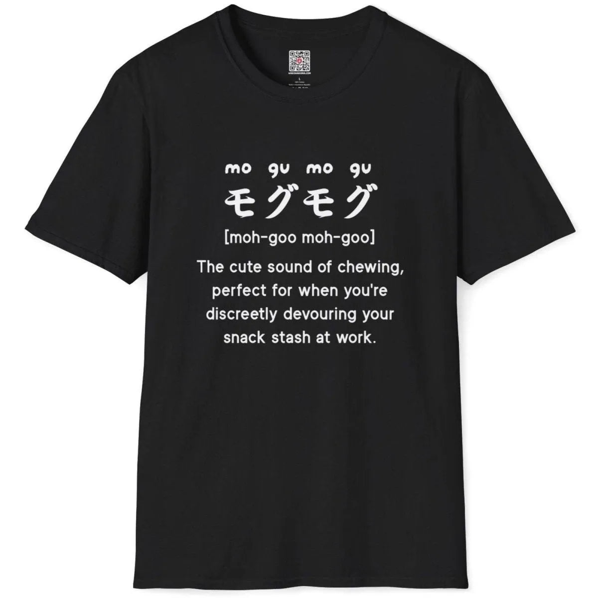 Black flatlay shirt with "mogu-mogu" Japanese text and snack stash caption, t shirt design graphic, japanese shirts.