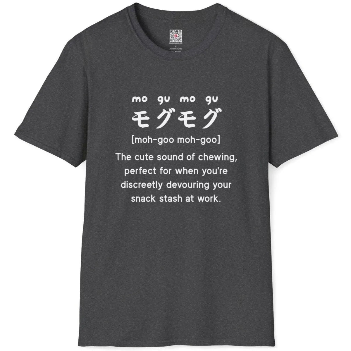 Dark heather shirt flatlay, "mogu-mogu" Japanese text and snack stash caption, t shirts with nice designs, foodie style.