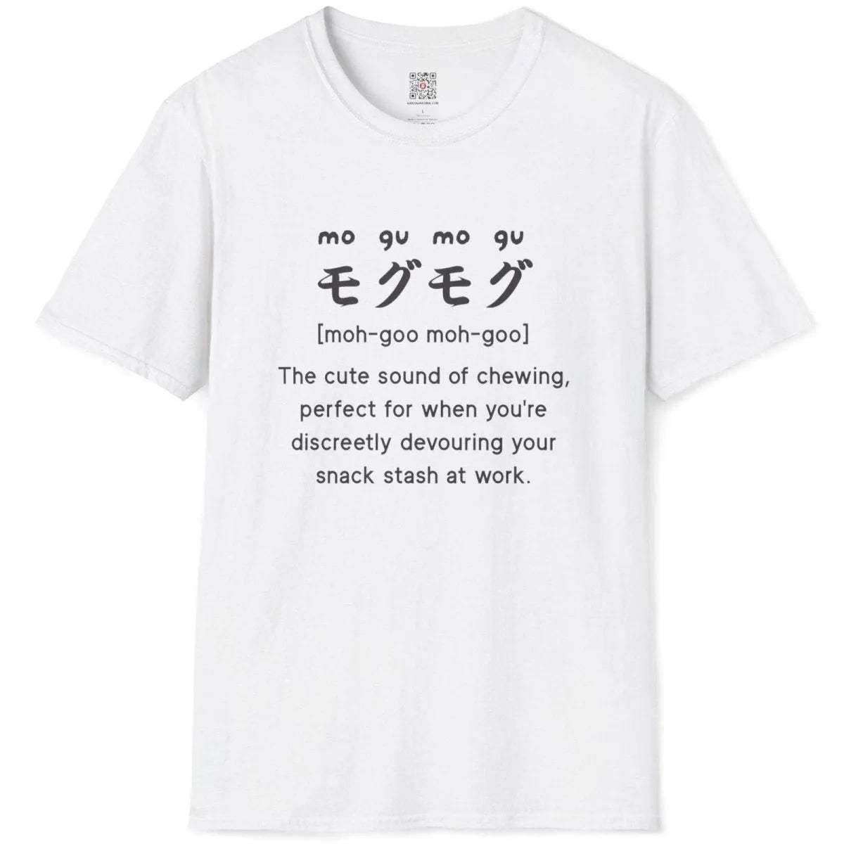 White flatlay shirt with bold "mogu-mogu" Japanese text and snack joke, japanese t shirts, kawaii clothes.