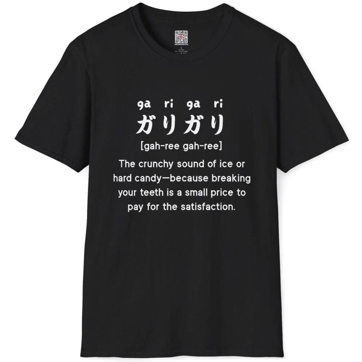 Black flatlay tee with “gari-gari” Japanese slogan and humorous caption, junk food shirt, cool design for shirts.