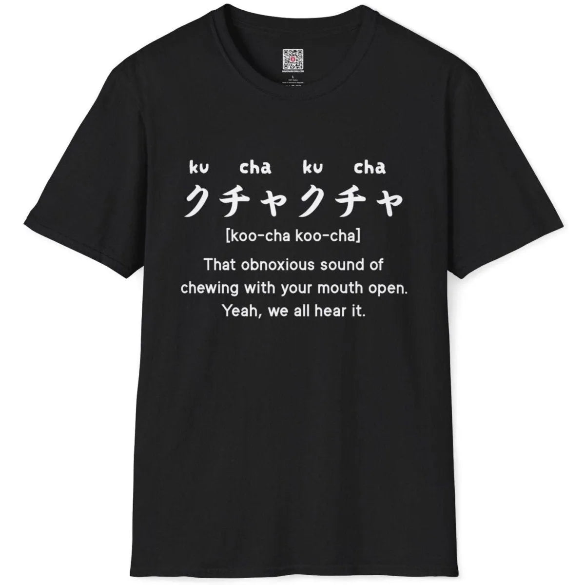 Black flatlay tee with “kucha-kucha” Japanese slogan and humorous caption, ramen t-shirt, t shirts with nice designs.