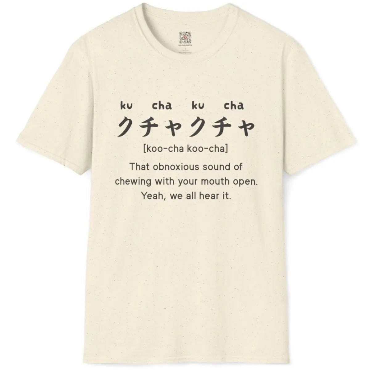 Natural flatlay tee, “kucha-kucha” Japanese text and witty chewing sound caption, foodie style, kawaii clothes.