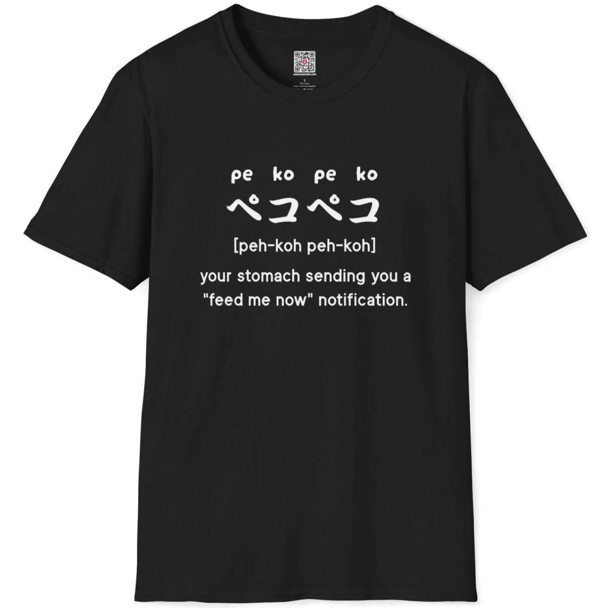 Black flatlay t-shirt with whimsical "peko-peko" design and katakana, japanese shirts, junk food shirt.