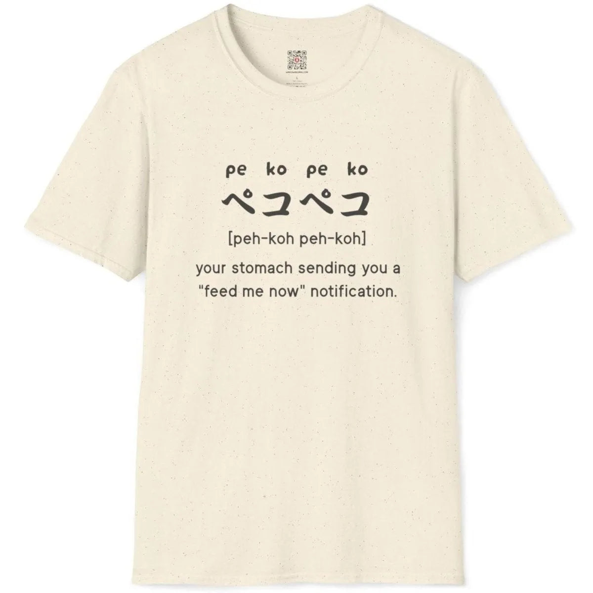 Natural flatlay t-shirt with "peko-peko" hunger notification design and katakana, kawaii clothes, japan tee shirts.