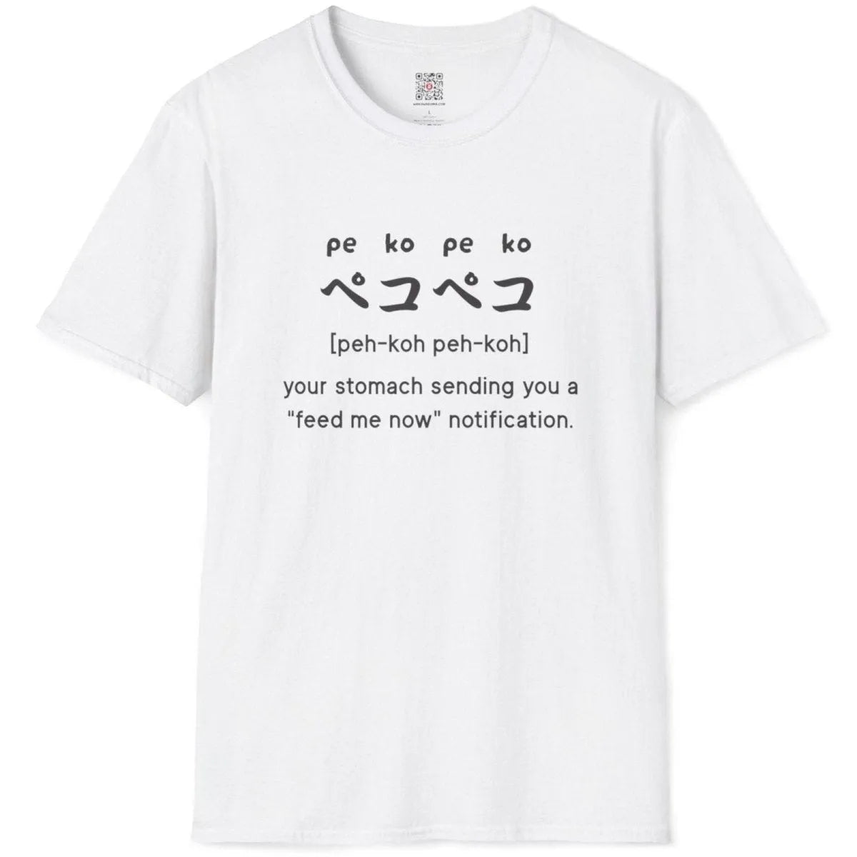 White flatlay t-shirt featuring "peko-peko" hunger phrase and katakana, cool design for shirts, foodie style.