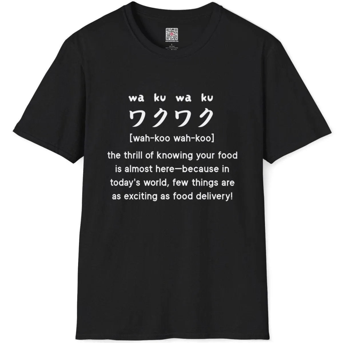 Black t-shirt flatlay with repeated “waku-waku” Japanese design, ramen t-shirt, funny shirts with sayings.