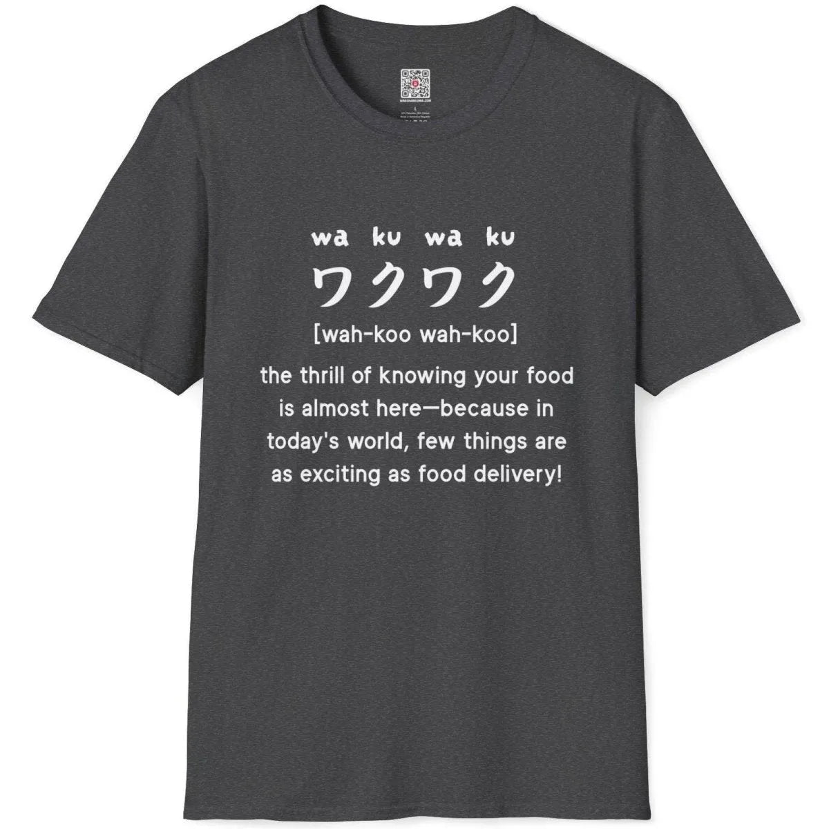 Dark heather t-shirt flatlay displaying rhythmic “waku-waku” Japanese text, japanese shirts, ramen t shirt.
