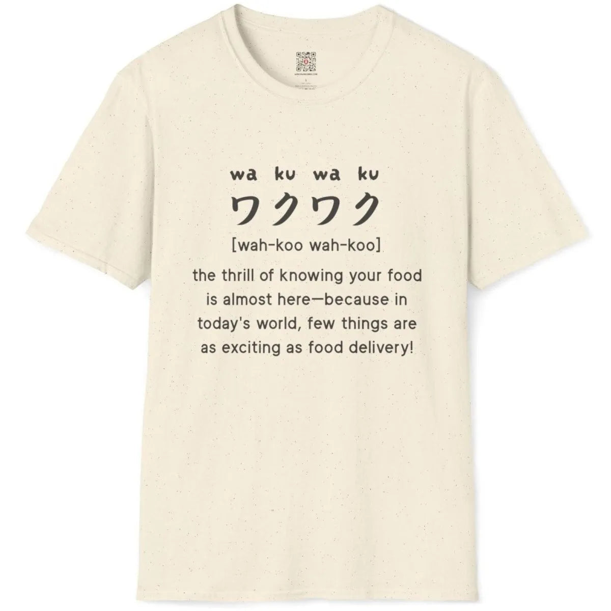 Natural t-shirt flatlay with playful “waku-waku” design and food delivery theme, kawaii clothes, t shirts with nice designs.
