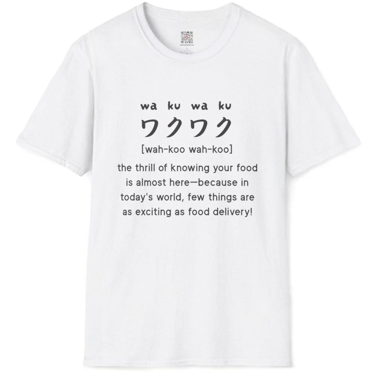 White t-shirt flatlay with bold “waku-waku” Japanese pattern and English explanation, foodie style, japan tee shirts.