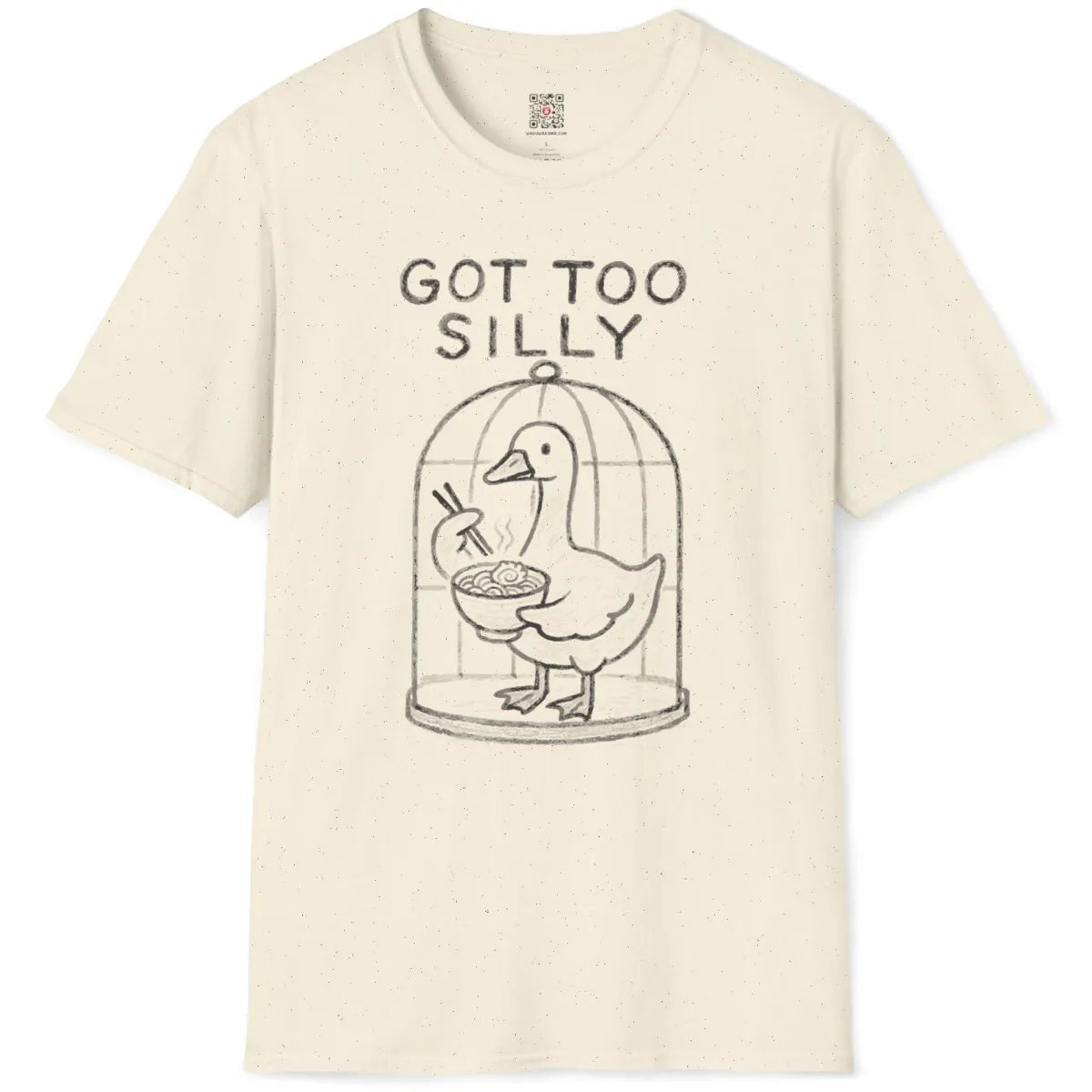 Charming sketch duck with ramen bowl and fun text design, natural colored t-shirt, flat on surface.