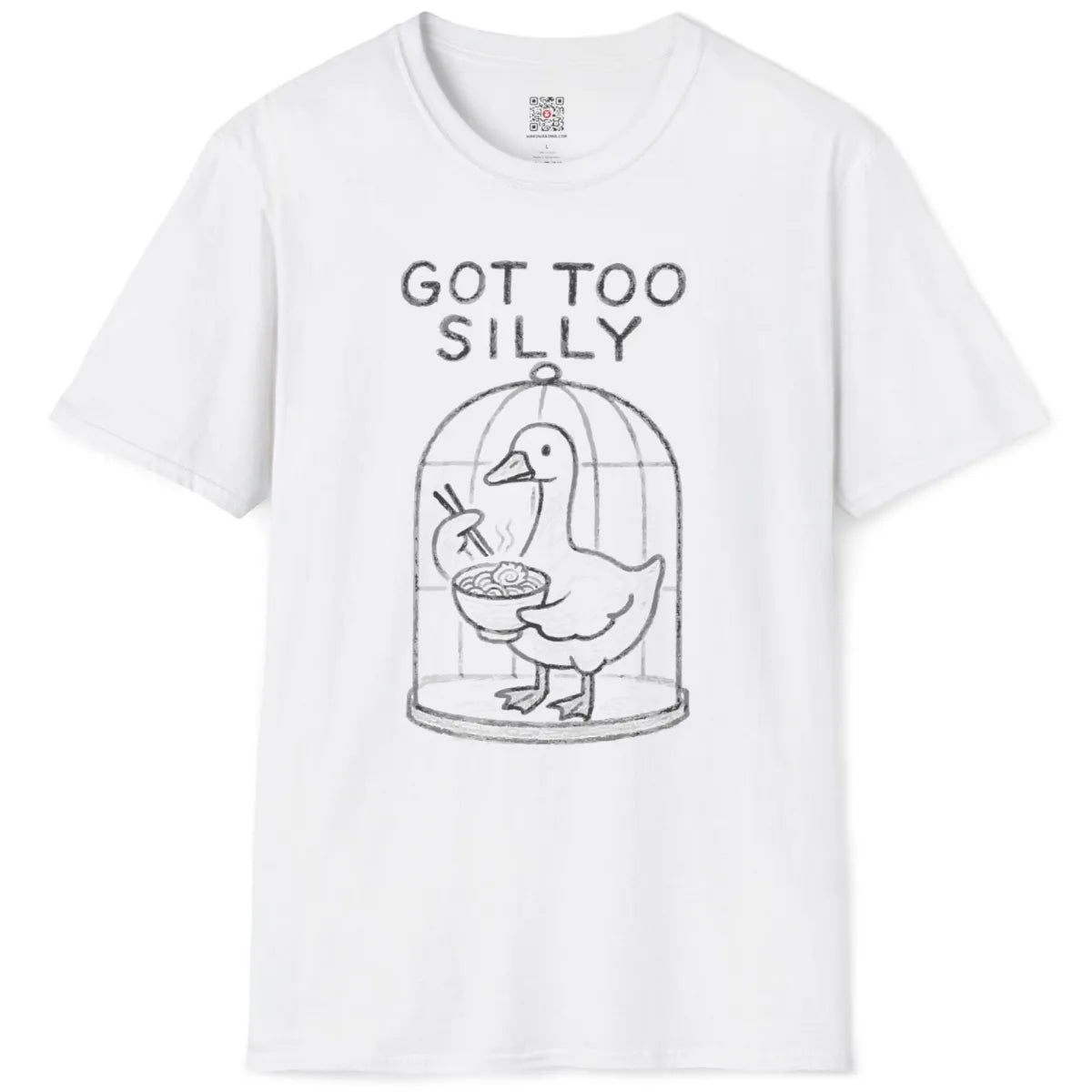 Cute cartoon duck enjoying ramen, playful line art with humorous text, white t-shirt flat and styled.