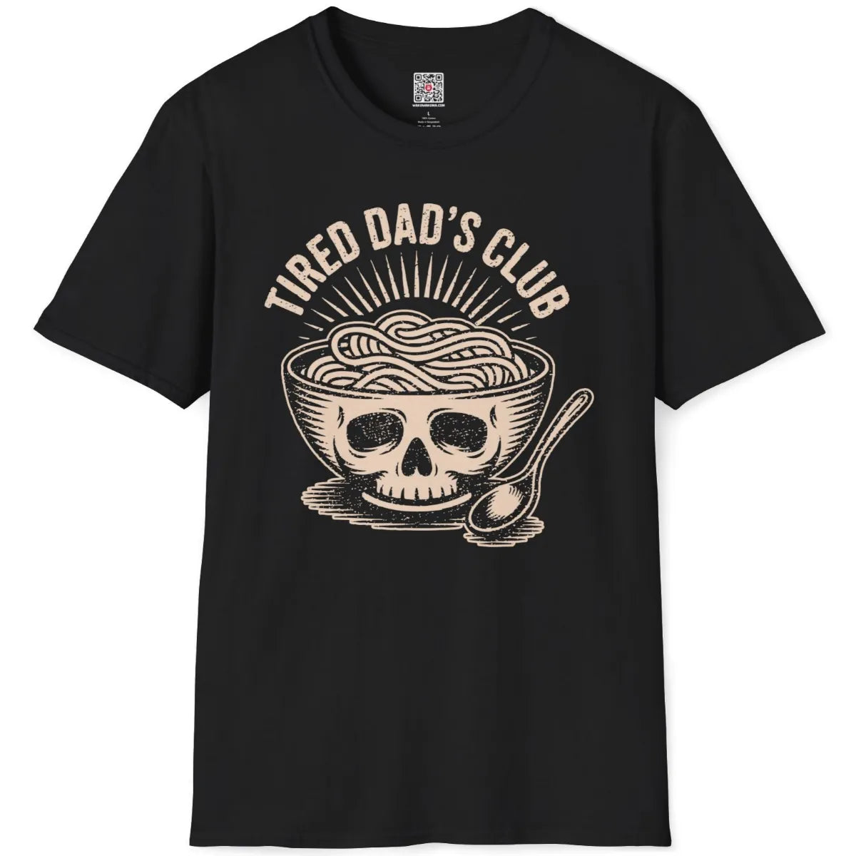 Graphic skull-shaped ramen bowl with distressed "TIRED DAD'S CLUB" text on black t-shirt flatlay.
