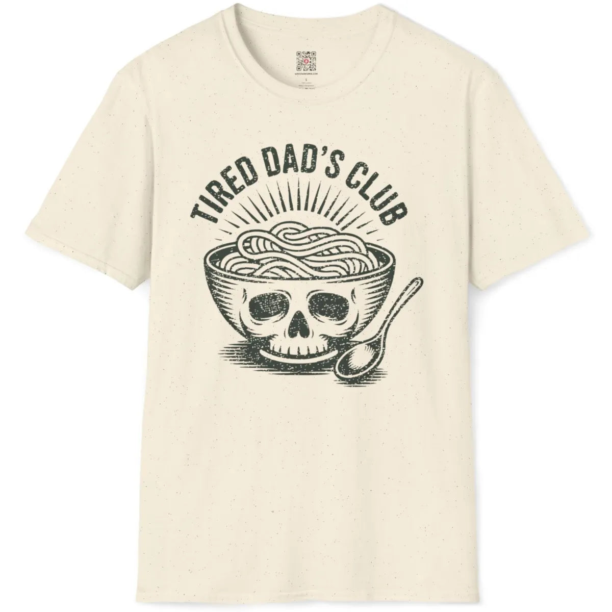 Hand-drawn skull ramen bowl with bold "TIRED DAD'S CLUB" text on natural fabric flatlay.