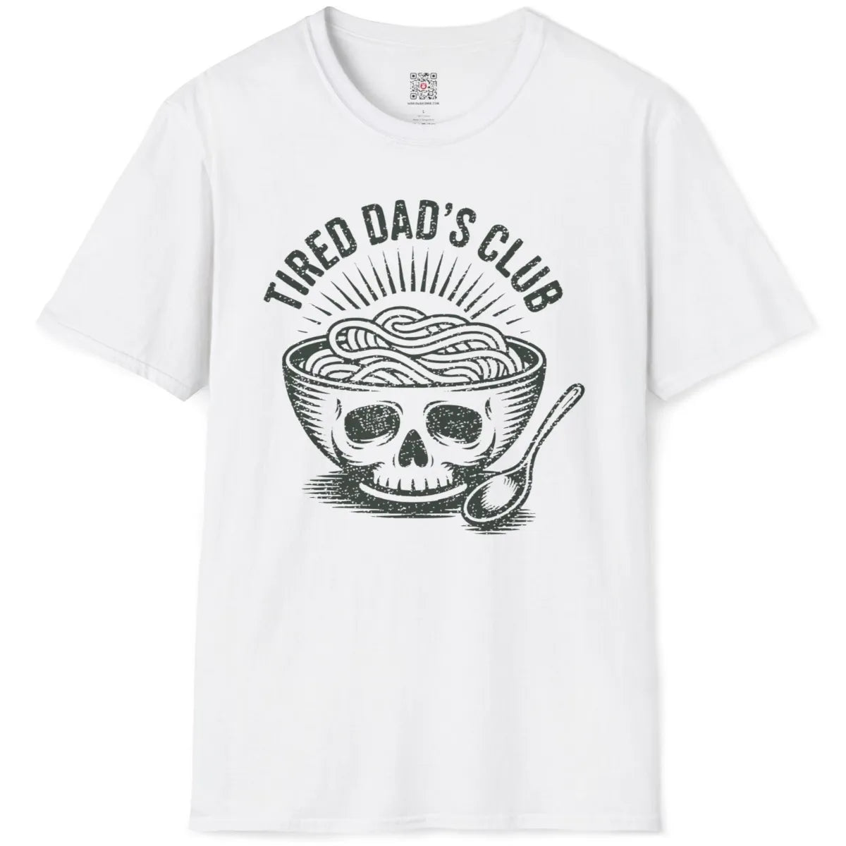 Black and white stylized ramen bowl with skull and bold vintage text on white t-shirt flatlay.