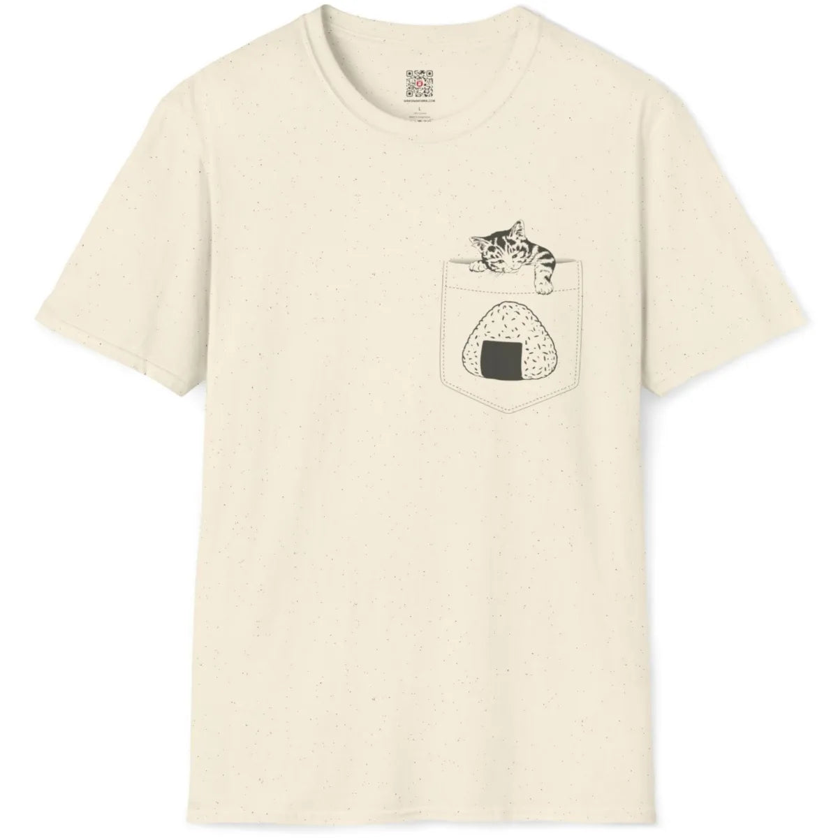 Natural shirt flatlay, kitten perched atop embroidered-look pocket with rice ball, kawaii and cozy.