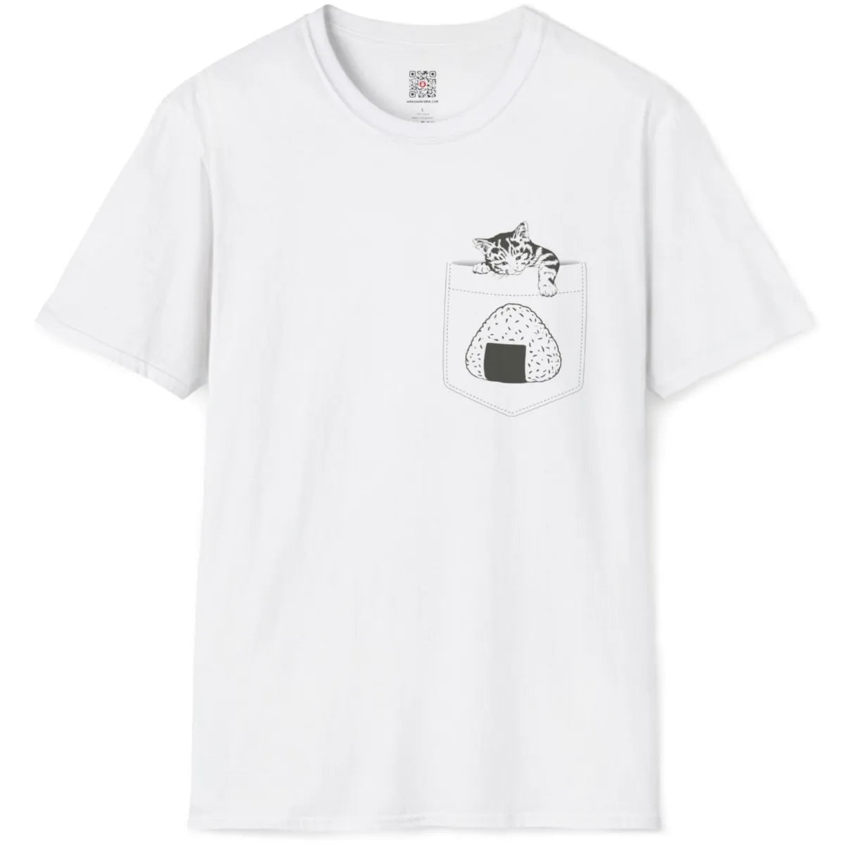 White t-shirt with playful pocket design; cartoon kitten and onigiri center front, embroidery look.