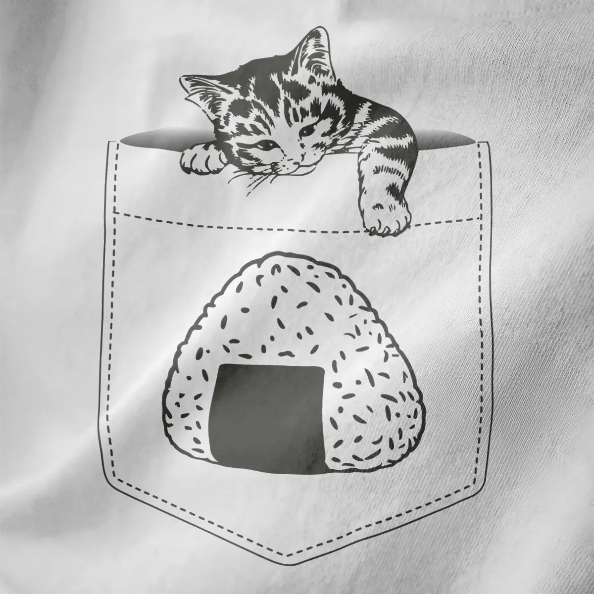 White shirt with hand-drawn tabby kitten peeking over pocket with onigiri, minimalist black line art.