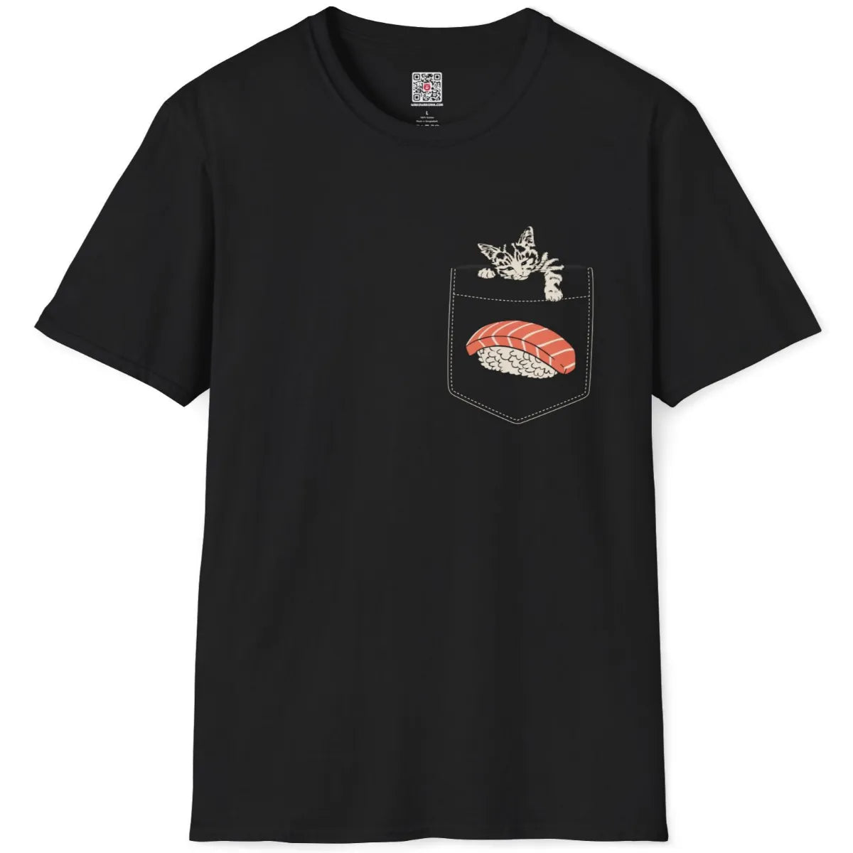 Black t-shirt flatlay with cute gray kitten peeking from pocket and vivid nigiri sushi accent in cartoon style.